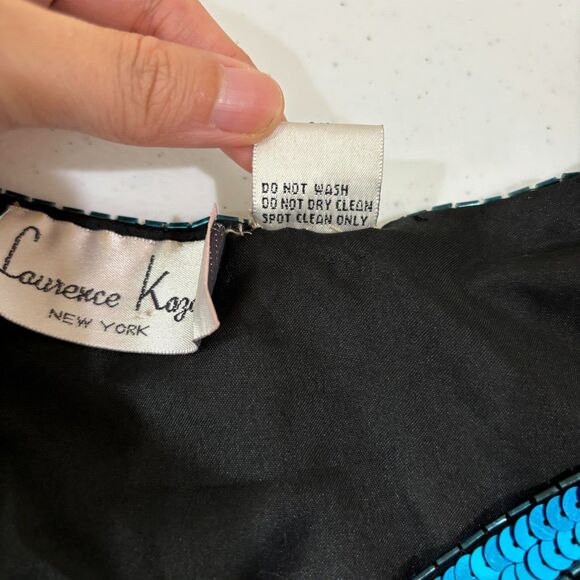 VTG Lawrence Kazar Sequin Top 3X Silk Blue Green Peacock Beads 80s Disco Evening - Picture 14 of 16